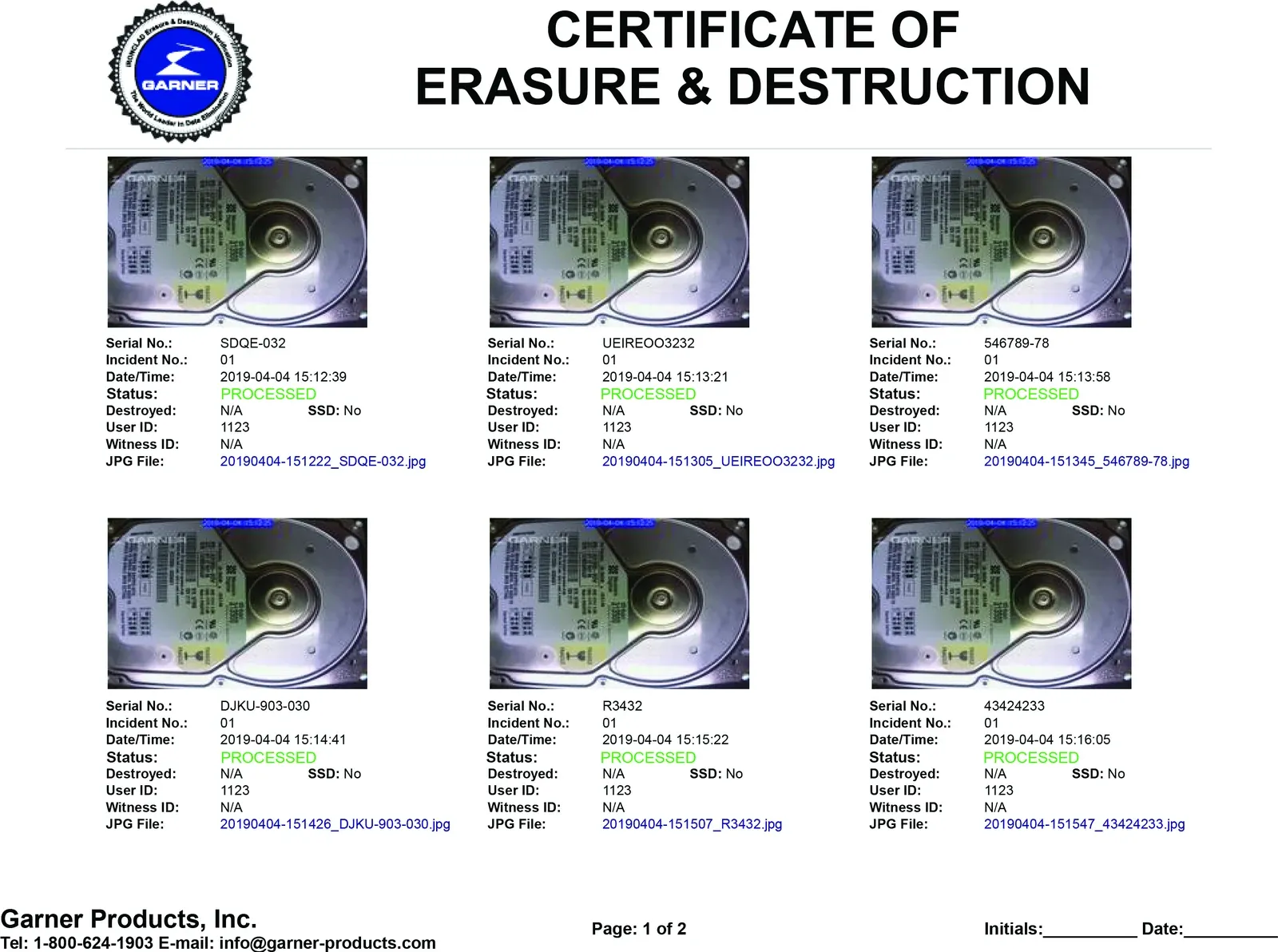 Example of an IRONCLAD certificate of erasure and destruction